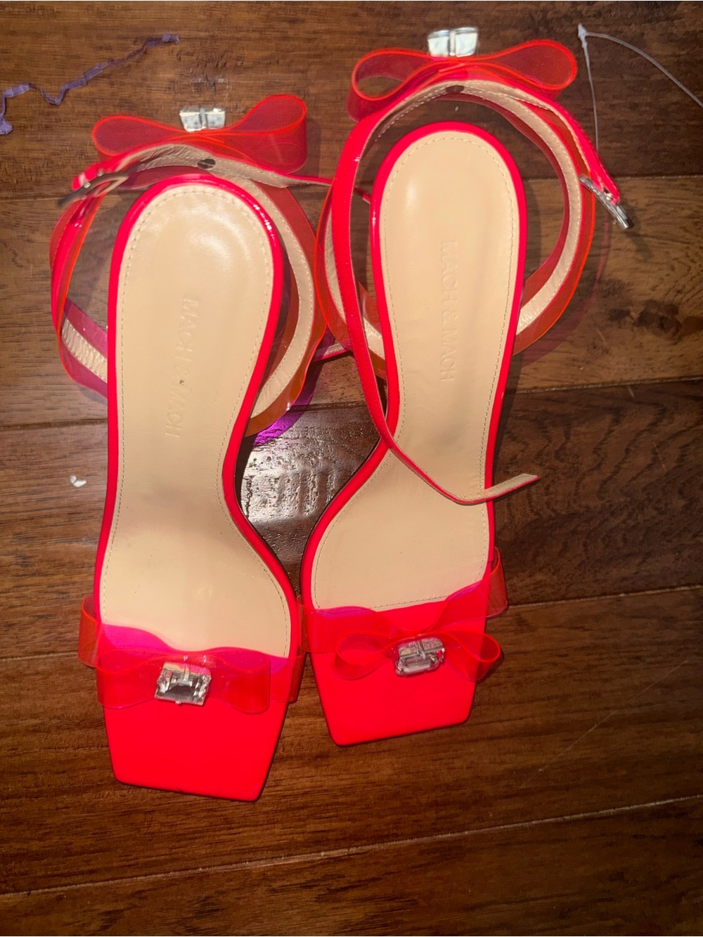 Mach & Mach Neon Pink Crystal Bow PVC Ankle Strap Heels EU 40 / US 9–9.5